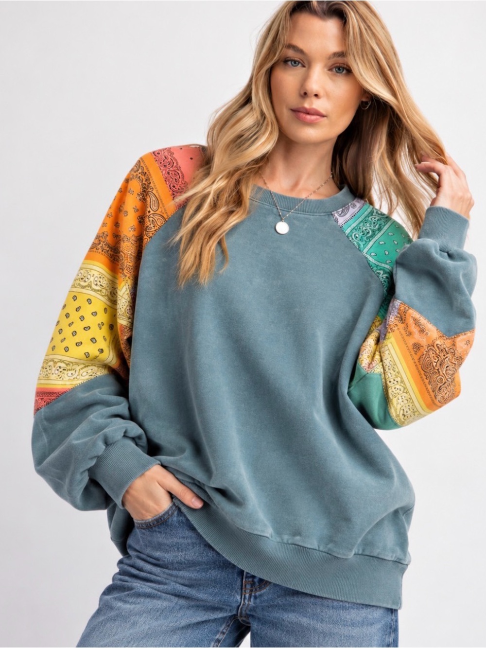 easel Slate Blue Pullover with Multicolor Bandana Raglan Sleeves mineral wash